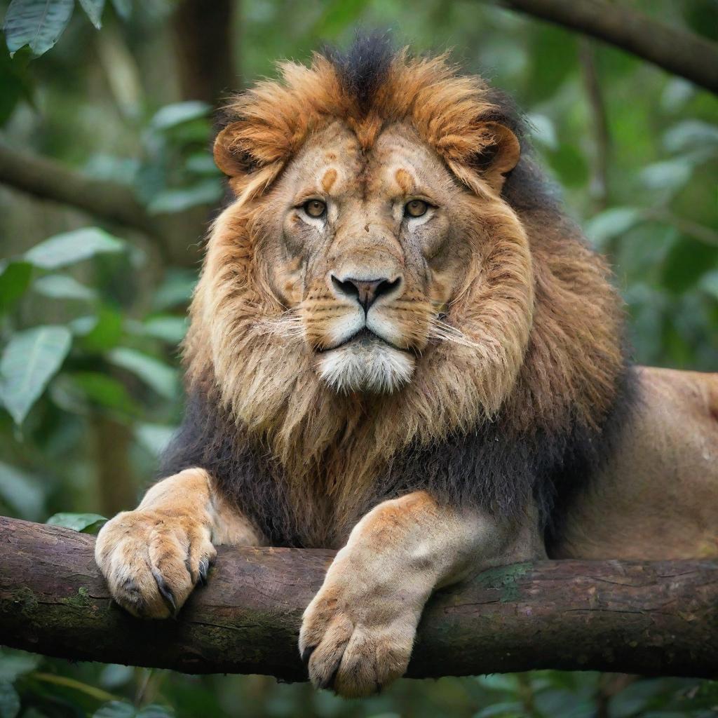 A powerful jungle lion, its mane vibrant and full, lounges lazily on a tree branch amidst the dense foliage of the tropical rainforest