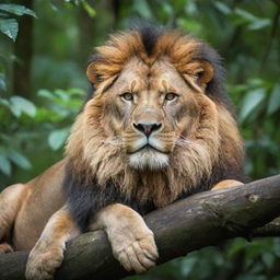 A powerful jungle lion, its mane vibrant and full, lounges lazily on a tree branch amidst the dense foliage of the tropical rainforest