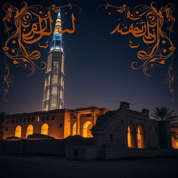 A stunning nighttime scene featuring a majestic skyscraper illuminated against the dark sky, surrounded by intricate Arabic calligraphy and beautiful arabesque patterns