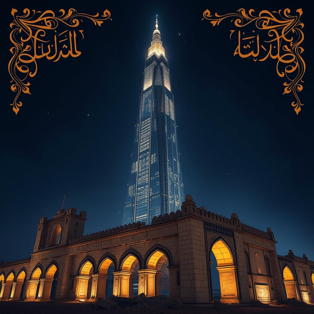 A stunning nighttime scene featuring a majestic skyscraper illuminated against the dark sky, surrounded by intricate Arabic calligraphy and beautiful arabesque patterns