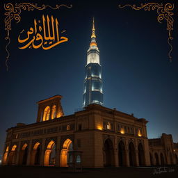 A stunning nighttime scene featuring a majestic skyscraper illuminated against the dark sky, surrounded by intricate Arabic calligraphy and beautiful arabesque patterns