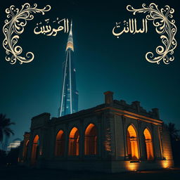 A stunning nighttime scene featuring a majestic skyscraper illuminated against the dark sky, surrounded by intricate Arabic calligraphy and beautiful arabesque patterns