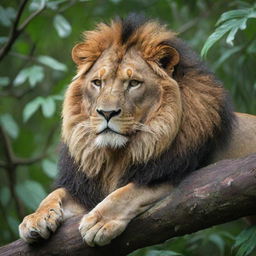 A powerful jungle lion, its mane vibrant and full, lounges lazily on a tree branch amidst the dense foliage of the tropical rainforest