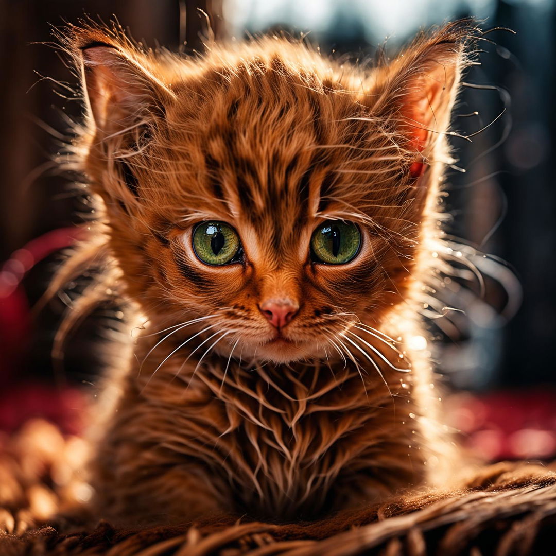 Candid medium-close-up photograph of a cute ginger kitten with green eyes, taken with Nikon Z7 II and NIKKOR Z 85mm f/1