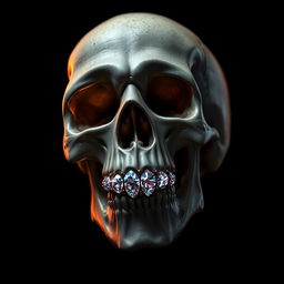 A detailed and striking skull adorned with sparkling diamond teeth, set against a dark, moody background to enhance the brilliance of the diamonds