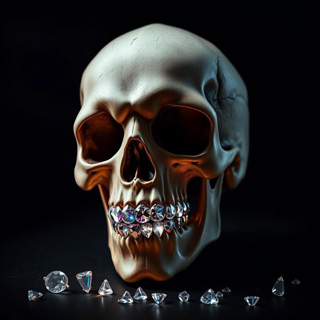 A detailed and striking skull adorned with sparkling diamond teeth, set against a dark, moody background to enhance the brilliance of the diamonds