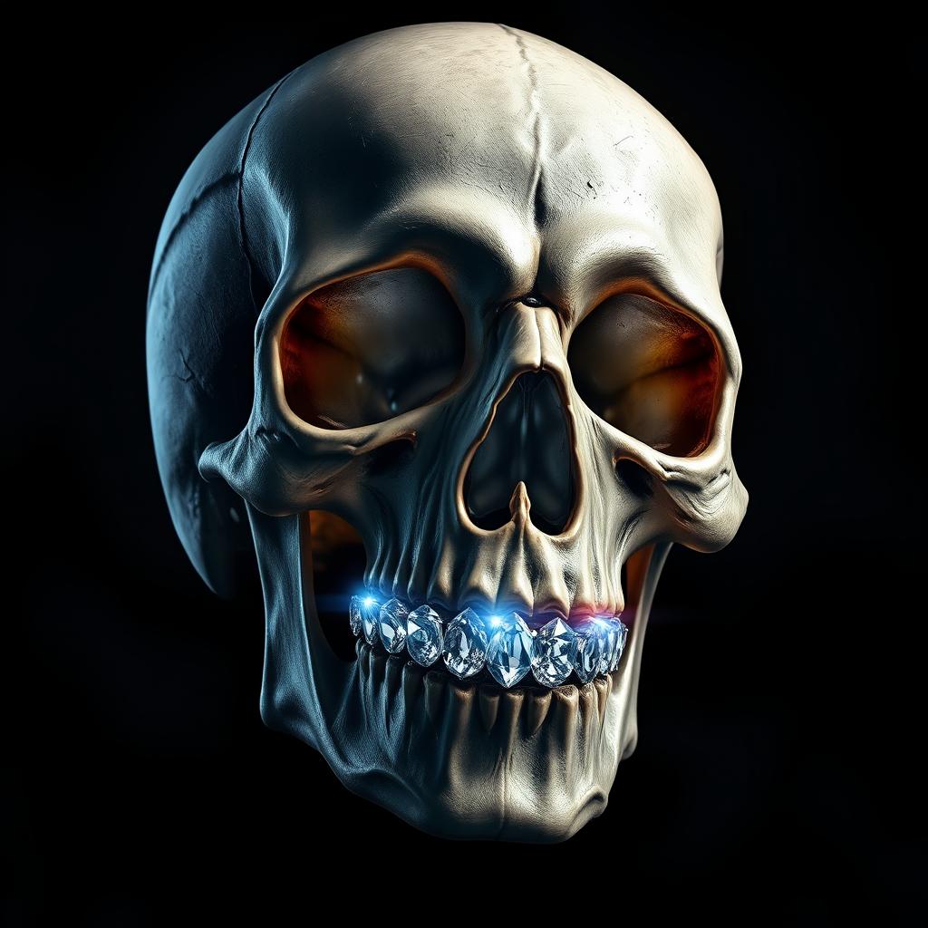 A detailed and striking skull adorned with sparkling diamond teeth, set against a dark, moody background to enhance the brilliance of the diamonds