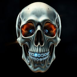 A detailed and striking skull adorned with sparkling diamond teeth, set against a dark, moody background to enhance the brilliance of the diamonds