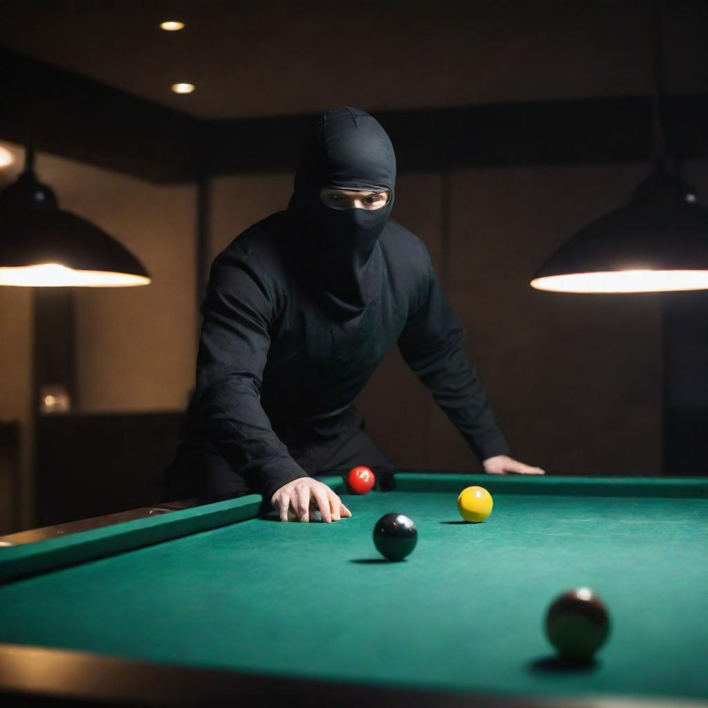 A ninja in black attire, stealthily playing 9 ball pool under dimly lit environment.