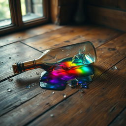 A shattered potion bottle lies on a rustic oak wooden floor, with shards of glass scattered around
