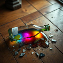 A shattered potion bottle lies on a rustic oak wooden floor, with shards of glass scattered around