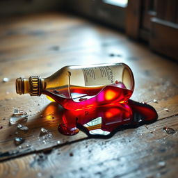 A shattered potion bottle lies on a rustic oak wooden floor, with shards of glass scattered around