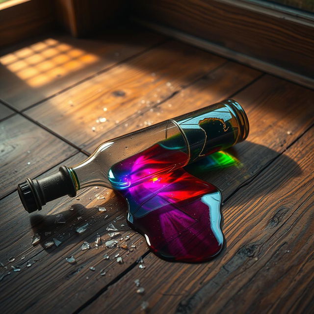 A shattered potion bottle lies on a rustic oak wooden floor, with shards of glass scattered around