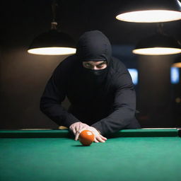 A ninja in black attire, stealthily playing 9 ball pool under dimly lit environment.