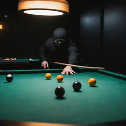 A ninja in black attire, stealthily playing 9 ball pool under dimly lit environment.