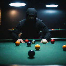 A ninja in black attire, stealthily playing 9 ball pool under dimly lit environment.