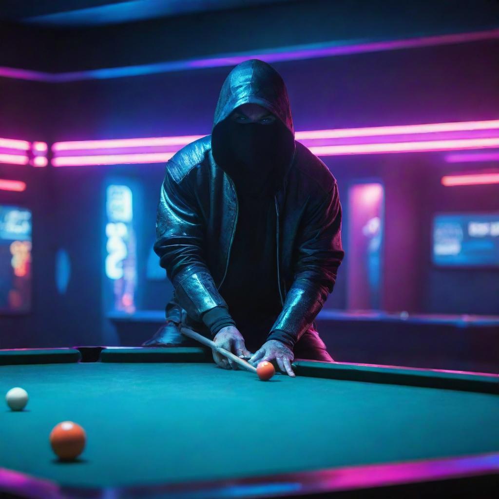 A ninja in futuristic attire, playing pool in a neon-lit cyberpunk setting; his pool cue glowing with vibrant color.