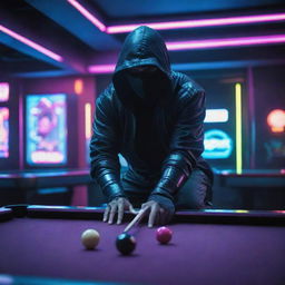 A ninja in futuristic attire, playing pool in a neon-lit cyberpunk setting; his pool cue glowing with vibrant color.