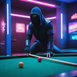 A ninja in futuristic attire, playing pool in a neon-lit cyberpunk setting; his pool cue glowing with vibrant color.