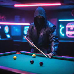 A ninja in futuristic attire, playing pool in a neon-lit cyberpunk setting; his pool cue glowing with vibrant color.