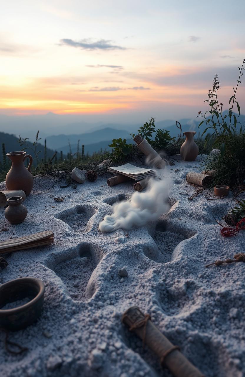 A mystical scene depicting ancient footprints embedded in soft ash, surrounded by remnants of history like broken pottery, faded scrolls, and overgrown plants symbolizing the passage of time