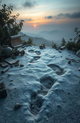 A mystical scene depicting ancient footprints embedded in soft ash, surrounded by remnants of history like broken pottery, faded scrolls, and overgrown plants symbolizing the passage of time