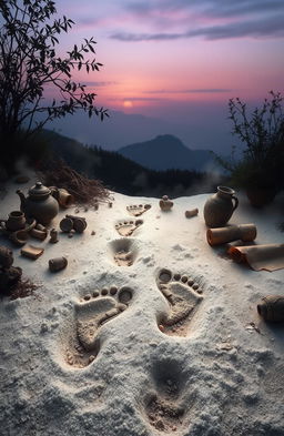 A mystical scene depicting ancient footprints embedded in soft ash, surrounded by remnants of history like broken pottery, faded scrolls, and overgrown plants symbolizing the passage of time