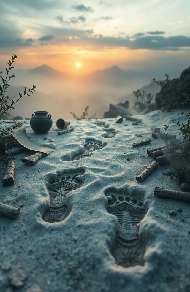 A mystical scene depicting ancient footprints embedded in soft ash, surrounded by remnants of history like broken pottery, faded scrolls, and overgrown plants symbolizing the passage of time