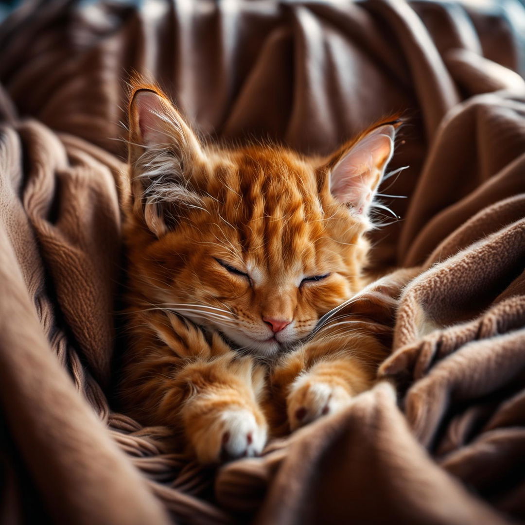 A candid photograph of a sleeping ginger kitten curled up on a cream-colored blanket, taken with a Sony α7R IV and a Sony FE 24-70mm f/2