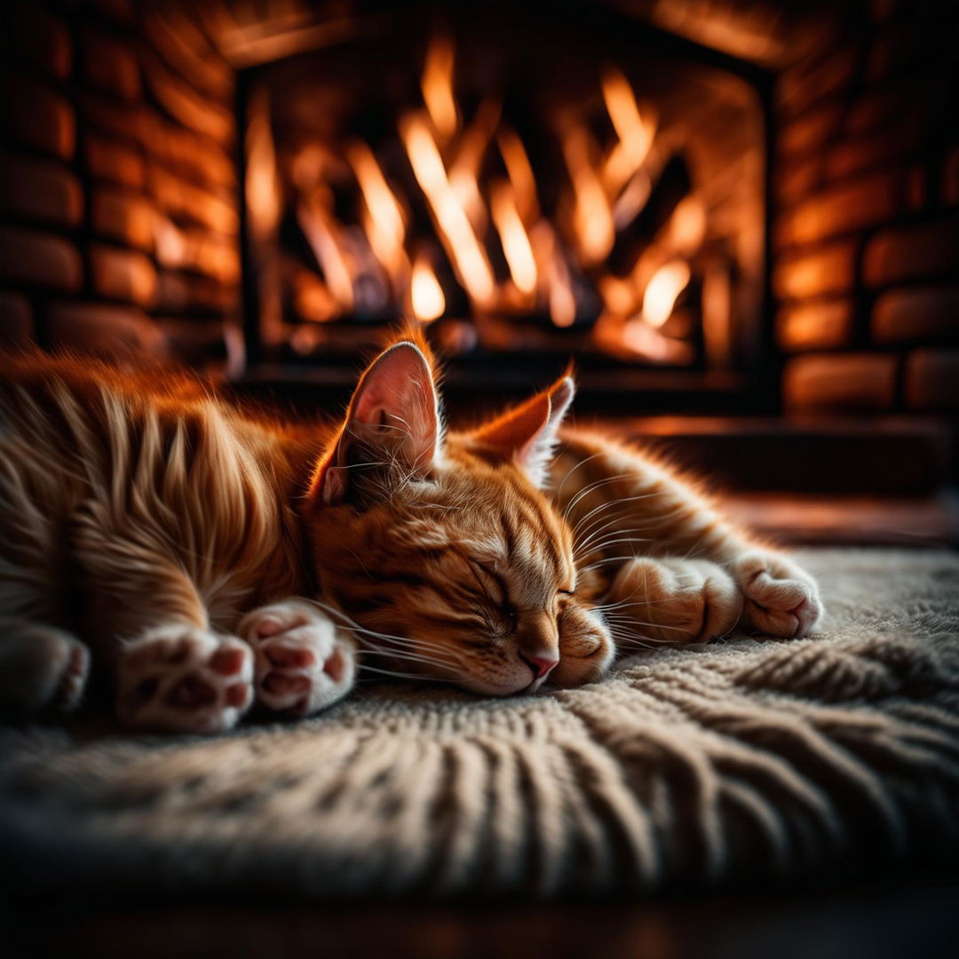 A high-angle candid photograph of a sleeping ginger kitten curled up on a cream-colored rug in front of a fireplace, taken with a Sony α7R IV and a Sony FE 30mm f/2