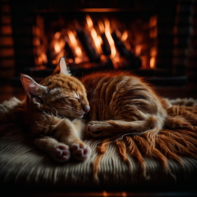 A high-angle full body shot of a sleeping ginger kitten in front of a fireplace, taken with a Sony α7R IV and a Sony FE 30mm f/2