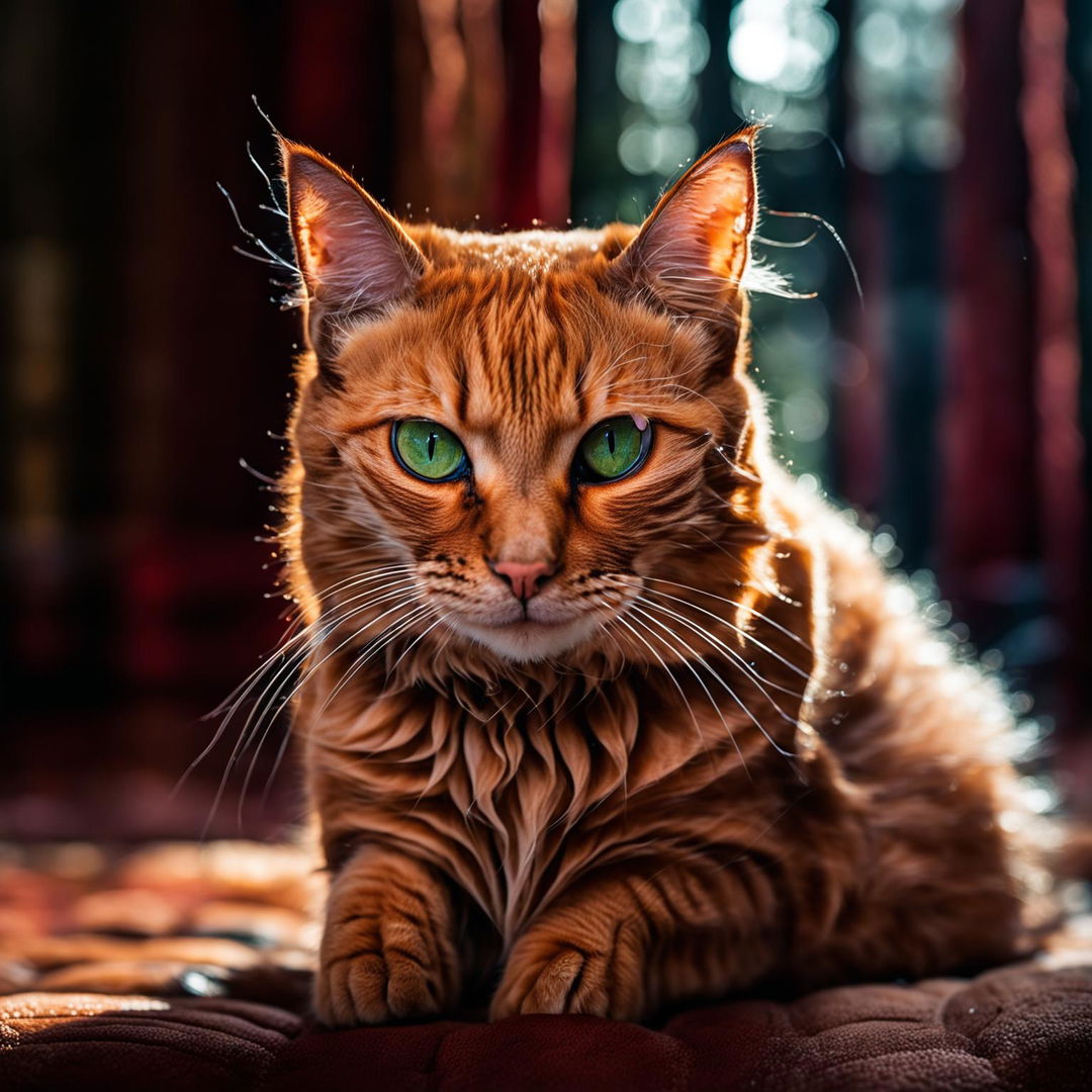 A vibrant ginger cat sits upright under soft overhead light, its tail curled around its paws, gazing directly into the camera from a low angle medium shot