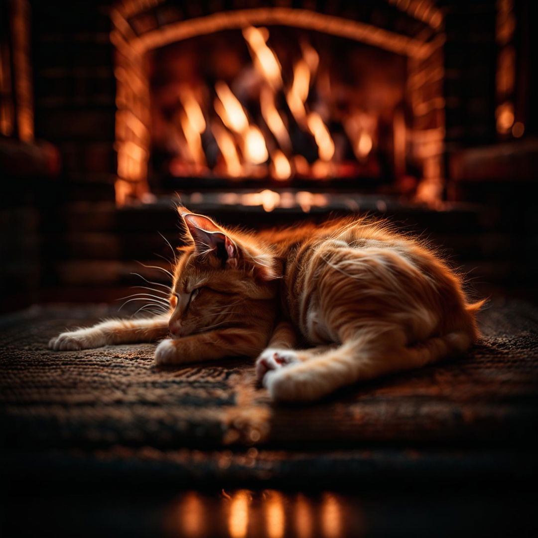 A high-angle full body shot of a ginger kitten having a nap in front of a fireplace, taken with a Sony α7R IV and a Sony FE 30mm f/2