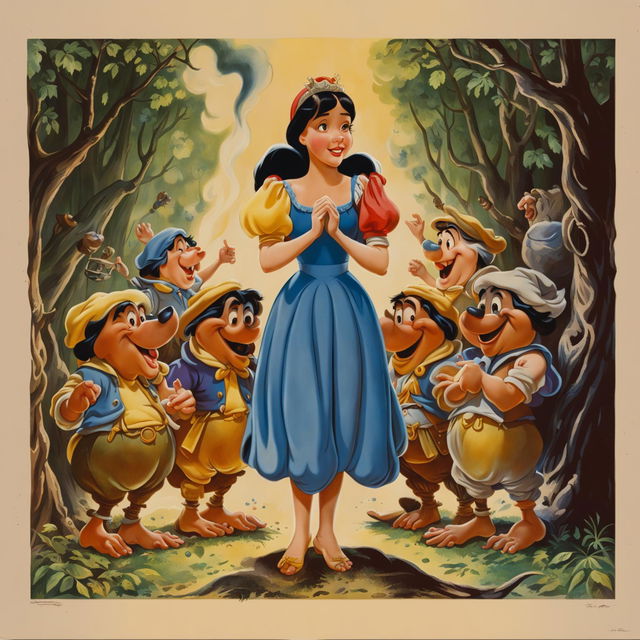 Vintage Disney poster of Snow White and the Seven Dwarves in 32k resolution, featuring detailed character depictions and a lush forest backdrop