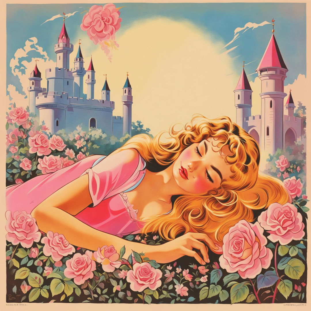 Retro-style Disney poster of Sleeping Beauty, featuring the princess in slumber and the iconic castle.