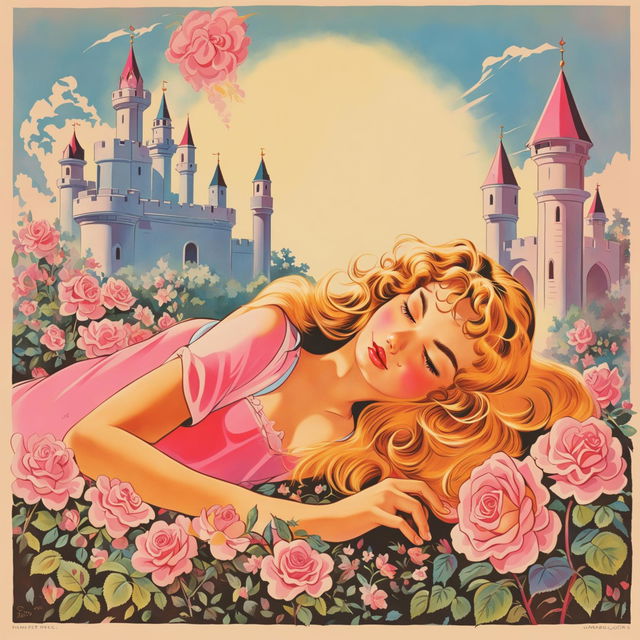 Retro-style Disney poster of Sleeping Beauty, featuring the princess in slumber and the iconic castle.