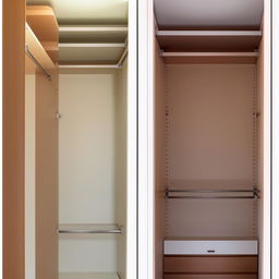 A his and her closet with the woman's side measuring 8ft in length, the man's side 4ft in width, and an 8ft ceiling. Opposite the woman's side is a chest of drawers about 4ft high.