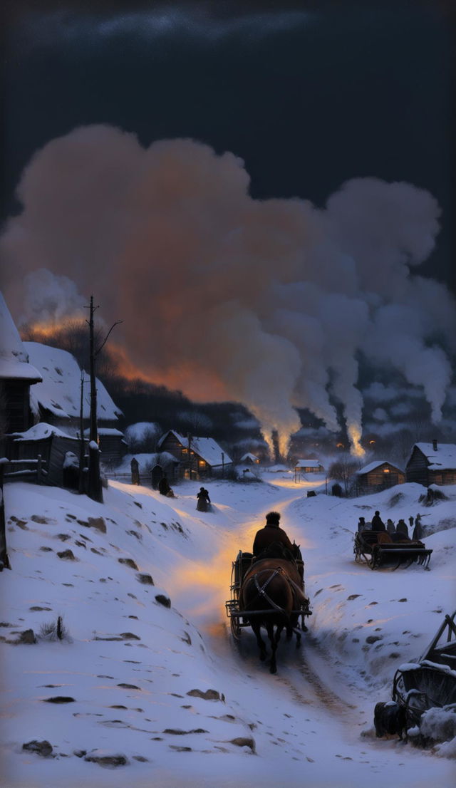 An oil painting book cover depicting a winter scene in 1800s Russia with a horse-drawn sleigh, rustic village and twilight sky