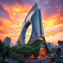 A stunning futuristic skyscraper designed with a bionic hyperboloid shape, featuring sleek lines, reflective glass panels, and intricate organic patterns mimicking natural forms