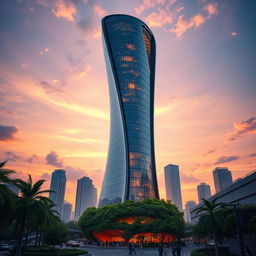 A stunning futuristic skyscraper designed with a bionic hyperboloid shape, featuring sleek lines, reflective glass panels, and intricate organic patterns mimicking natural forms
