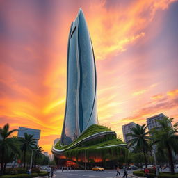 A stunning futuristic skyscraper designed with a bionic hyperboloid shape, featuring sleek lines, reflective glass panels, and intricate organic patterns mimicking natural forms