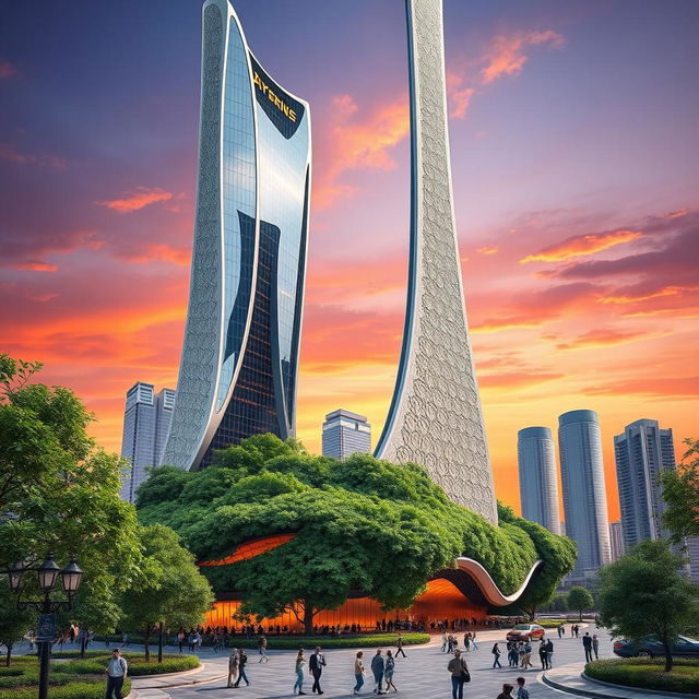 A stunning futuristic skyscraper designed with a bionic hyperboloid shape, featuring sleek lines, reflective glass panels, and intricate organic patterns mimicking natural forms