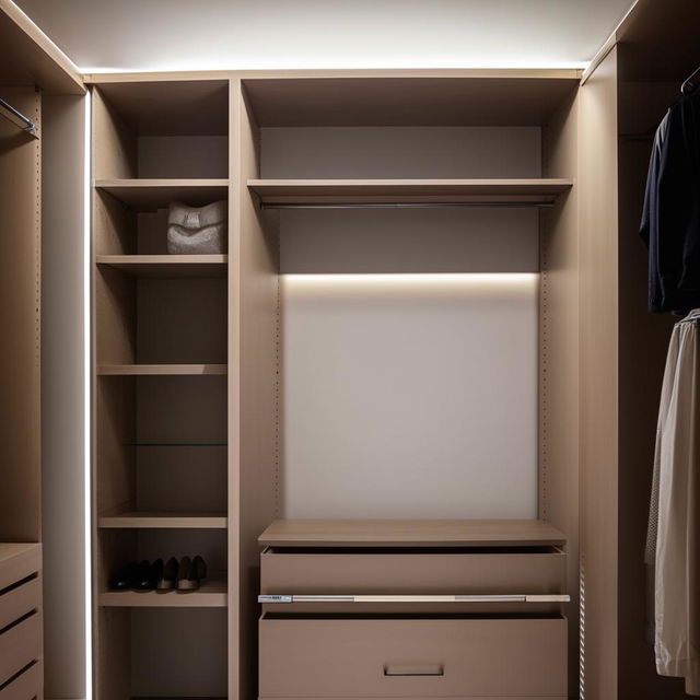 A his and her closet with the woman's side measuring 8ft in length, the man's side 4ft in width, and an 8ft ceiling. Opposite the woman's side is a chest of drawers about 4ft high.