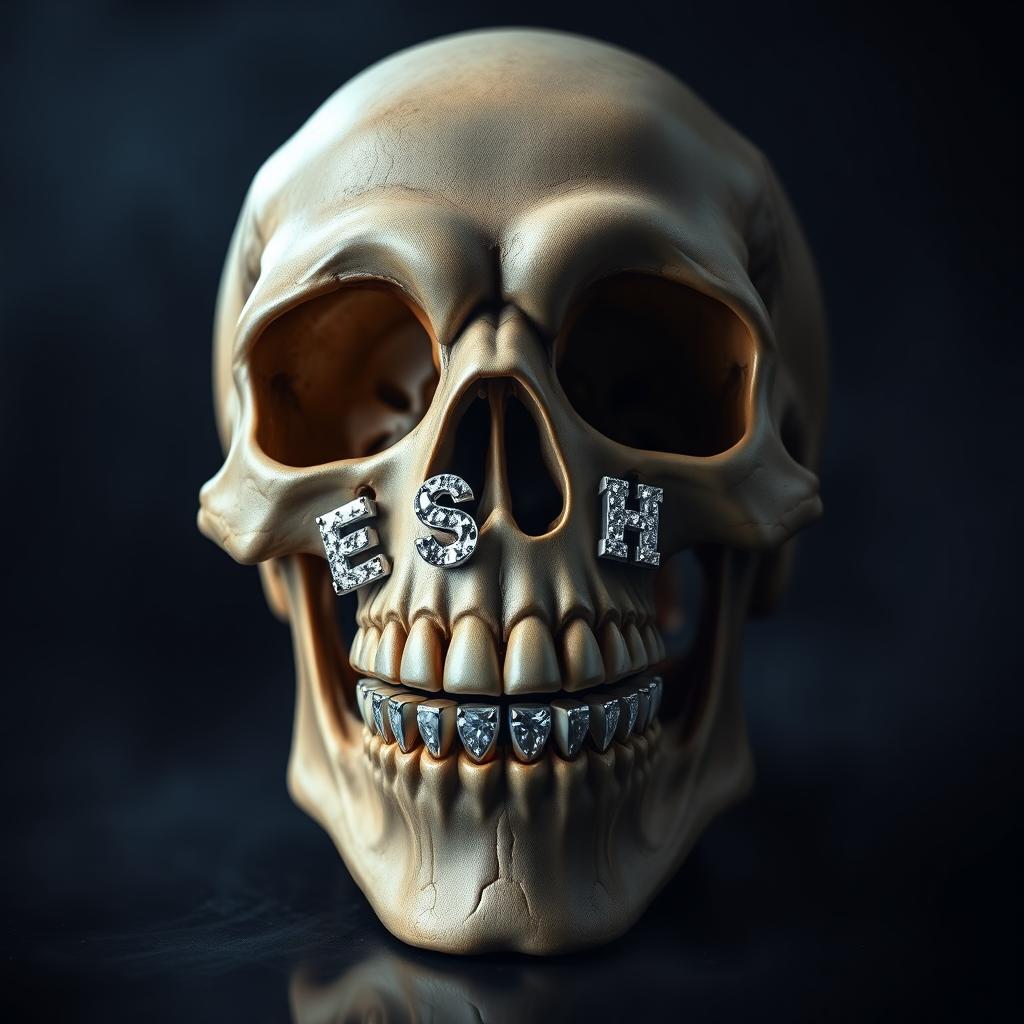 A smiling skull featuring diamond letters 'S', 'E', 'S', and 'H' as its teeth, set against a dark, atmospheric background that enhances the shine of the diamonds