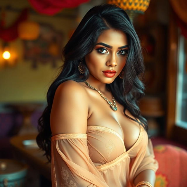 An alluring Indian woman with striking features, voluptuous curves, and a confident pose