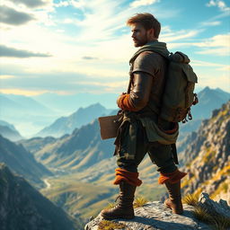 A fictional adventurer standing on a windswept cliff, gazing into the distance with a look of anticipation and determination