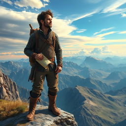 A fictional adventurer standing on a windswept cliff, gazing into the distance with a look of anticipation and determination
