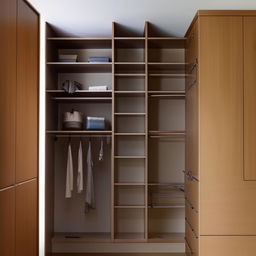 A his and her closet with the woman's side measuring 8ft in length, the man's side 4ft in width, and an 8ft ceiling. Opposite the woman's side is a chest of drawers about 4ft high.