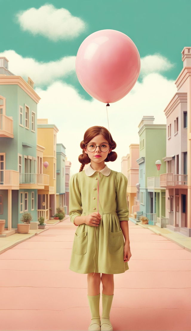 A Wes Anderson-inspired book cover featuring a girl with a pink balloon.