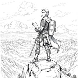 A detailed drawing of a fictional adventurer standing atop a rocky outcrop, gazing into the distance with an expression of determination